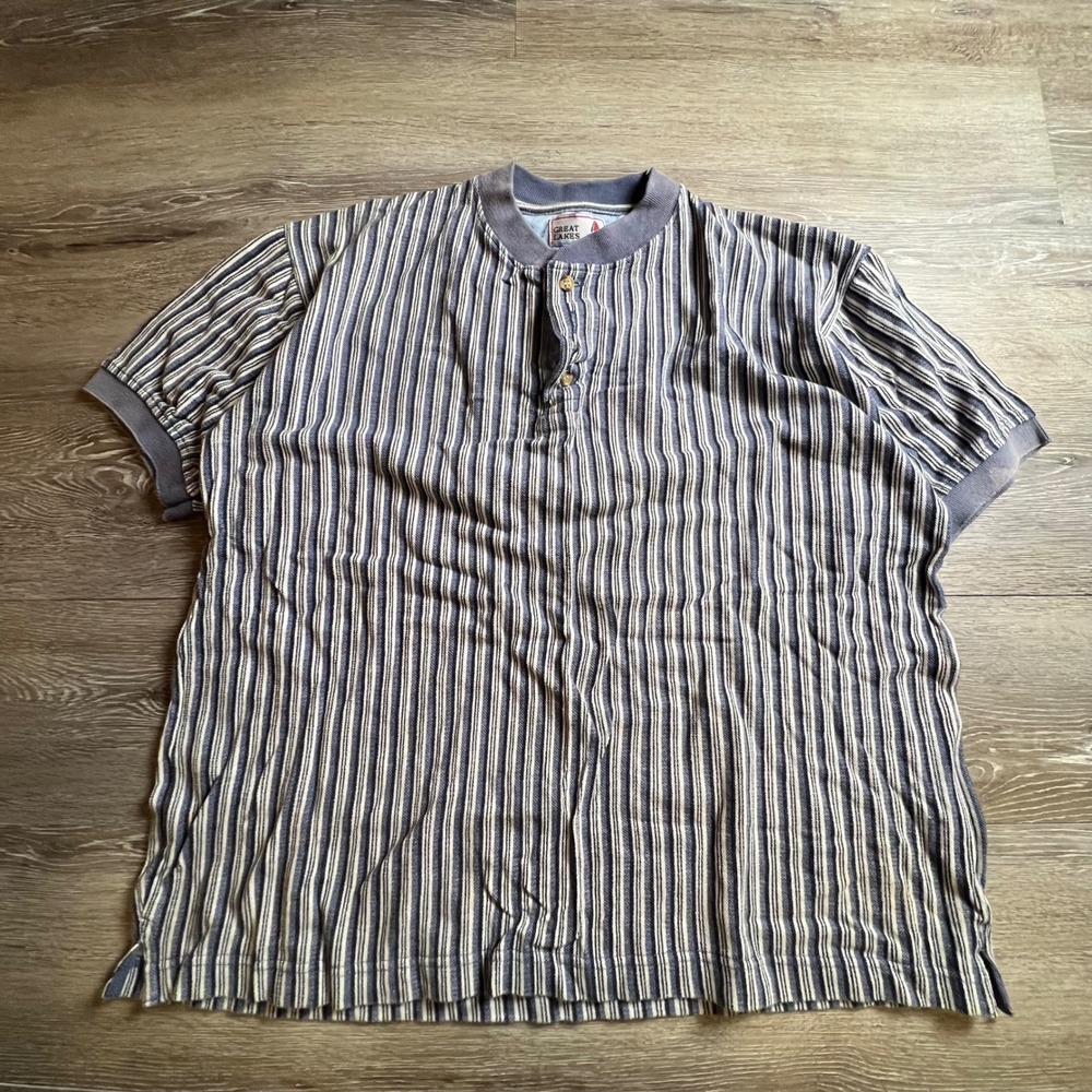 Great Lakes Recreation Henley Mens XL Blue White Striped Short Sleeve Cotton